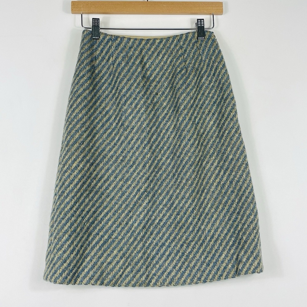 Jaeger London Skirt Womens 8.5 Small Blue Cream Stripe Vintage British Mod Tweed